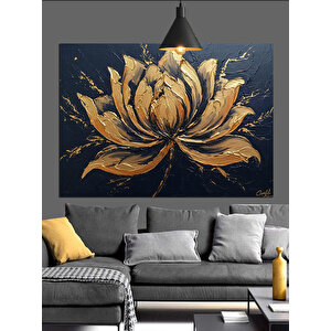 Koyu Zeminde Altın Lotus Dekoratif Kanvas - Mdf Ahşap Tablo