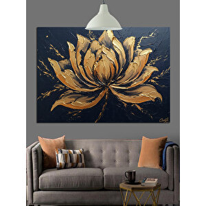 Koyu Zeminde Altın Lotus Dekoratif Kanvas - Mdf Ahşap Tablo
