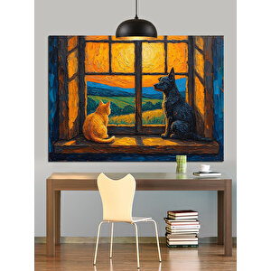 Pencereden Bakan Kedi Ve Köpek Dekoratif Kanvas - Mdf Ahşap Tablo