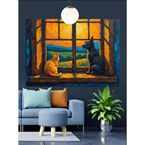 Pencereden Bakan Kedi Ve Köpek Dekoratif Kanvas - Mdf Ahşap Tablo