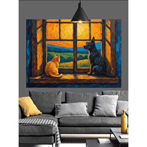 Pencereden Bakan Kedi Ve Köpek Dekoratif Kanvas - Mdf Ahşap Tablo 70x100 cm