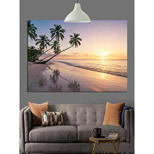 Palmiye Ağaçlı Gün Batımı Dekoratif Kanvas - Mdf Ahşap Tablo 50x70 cm
