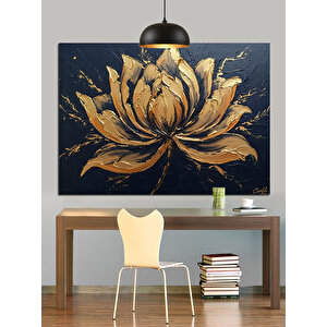 Koyu Zeminde Altın Lotus Dekoratif Kanvas - Mdf Ahşap Tablo 70x100 cm