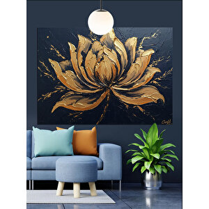 Koyu Zeminde Altın Lotus Dekoratif Kanvas - Mdf Ahşap Tablo 70x100 cm