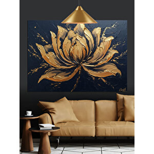Koyu Zeminde Altın Lotus Dekoratif Kanvas - Mdf Ahşap Tablo 70x100 cm