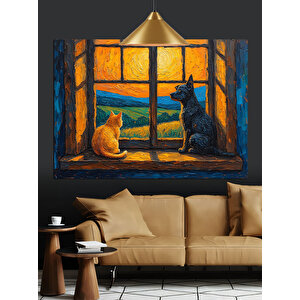 Pencereden Bakan Kedi Ve Köpek Dekoratif Kanvas - Mdf Ahşap Tablo 35x50 cm