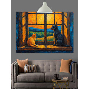 Pencereden Bakan Kedi Ve Köpek Dekoratif Kanvas - Mdf Ahşap Tablo 35x50 cm