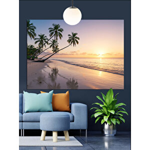Palmiye Ağaçlı Gün Batımı Dekoratif Kanvas - Mdf Ahşap Tablo