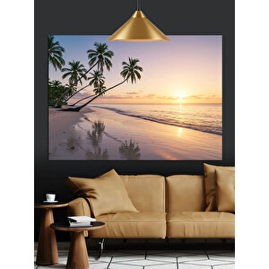 Palmiye Ağaçlı Gün Batımı Dekoratif Kanvas - Mdf Ahşap Tablo