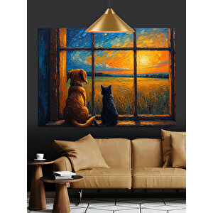 Gün Batımı Pencereden Kedi Köpek Dekoratif Kanvas - Mdf Ahşap Tablo 50x70 cm