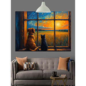 Gün Batımı Pencereden Kedi Köpek Dekoratif Kanvas - Mdf Ahşap Tablo 50x70 cm