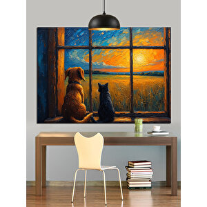Gün Batımı Pencereden Kedi Köpek Dekoratif Kanvas - Mdf Ahşap Tablo