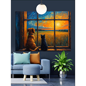 Gün Batımı Pencereden Kedi Köpek Dekoratif Kanvas - Mdf Ahşap Tablo