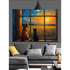Gün Batımı Pencereden Kedi Köpek Dekoratif Kanvas - Mdf Ahşap Tablo 70x100 cm