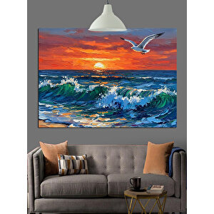 Dalgalarla Gün Batımı Dekoratif Kanvas - Mdf Ahşap Tablo 50x70 cm