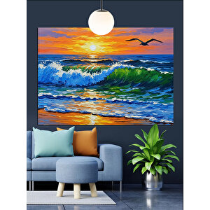 Dalgalar Üzerinde Gün Batımı Dekoratif Kanvas - Mdf Ahşap Tablo 70x100 cm