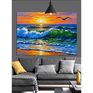 Dalgalar Üzerinde Gün Batımı Dekoratif Kanvas - Mdf Ahşap Tablo 70x100 cm