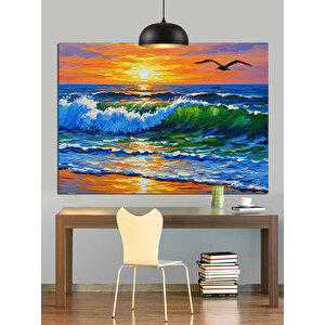 Dalgalar Üzerinde Gün Batımı Dekoratif Kanvas - Mdf Ahşap Tablo