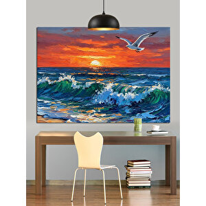 Dalgalarla Gün Batımı Dekoratif Kanvas - Mdf Ahşap Tablo 70x100 cm