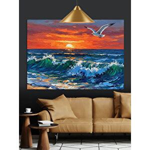 Dalgalarla Gün Batımı Dekoratif Kanvas - Mdf Ahşap Tablo