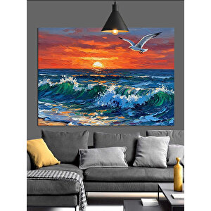 Dalgalarla Gün Batımı Dekoratif Kanvas - Mdf Ahşap Tablo