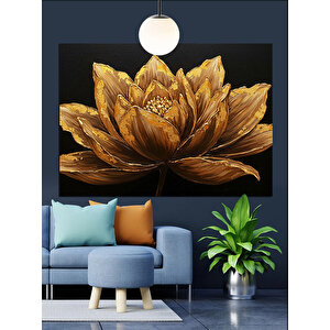 Altın Yapraklı Lotus Çiçeği Dekoratif Kanvas - Mdf Ahşap Tablo 70x100 cm