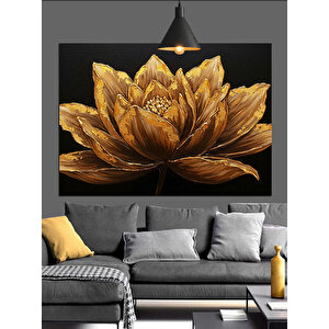 Altın Yapraklı Lotus Çiçeği Dekoratif Kanvas - Mdf Ahşap Tablo 70x100 cm