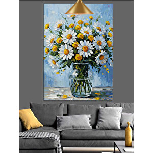 Vazoda Beyaz Papatyalar Dekoratif Kanvas - Mdf Ahşap Tablo 70x100 cm