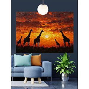 Gün Batımında Uzun Boyunlu Zürafalar Dekoratif Kanvas - Mdf Ahşap Tablo 70x100 cm
