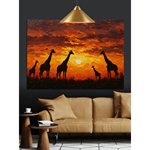 Gün Batımında Uzun Boyunlu Zürafalar Dekoratif Kanvas - Mdf Ahşap Tablo 70x100 cm