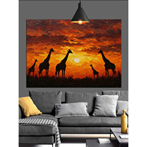 Gün Batımında Uzun Boyunlu Zürafalar Dekoratif Kanvas - Mdf Ahşap Tablo