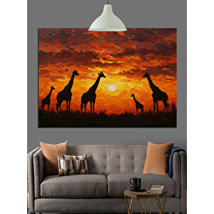 Gün Batımında Uzun Boyunlu Zürafalar Dekoratif Kanvas - Mdf Ahşap Tablo