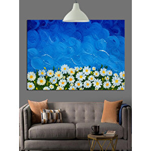 Mavi Fondaki Papatyalar Dekoratif Kanvas - Mdf Ahşap Tablo