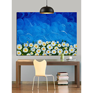 Mavi Fondaki Papatyalar Dekoratif Kanvas - Mdf Ahşap Tablo
