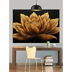 Altın Yapraklı Lotus Çiçeği Dekoratif Kanvas - Mdf Ahşap Tablo