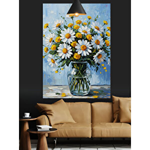 Vazoda Beyaz Papatyalar Dekoratif Kanvas - Mdf Ahşap Tablo 70x100 cm