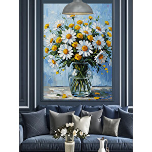 Vazoda Beyaz Papatyalar Dekoratif Kanvas - Mdf Ahşap Tablo 70x100 cm