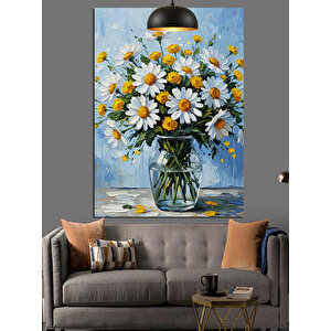 Vazoda Beyaz Papatyalar Dekoratif Kanvas - Mdf Ahşap Tablo