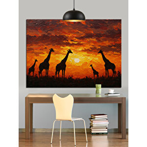 Gün Batımında Uzun Boyunlu Zürafalar Dekoratif Kanvas - Mdf Ahşap Tablo 35x50 cm