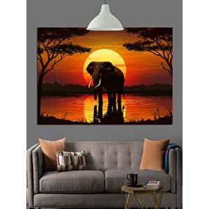 Gün Batımında Yalnız Fil Dekoratif Kanvas - Mdf Ahşap Tablo 50x70 cm