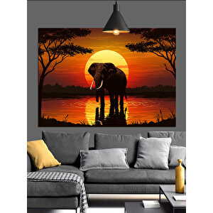 Gün Batımında Yalnız Fil Dekoratif Kanvas - Mdf Ahşap Tablo 70x100 cm