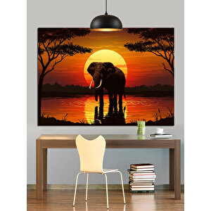 Gün Batımında Yalnız Fil Dekoratif Kanvas - Mdf Ahşap Tablo 70x100 cm