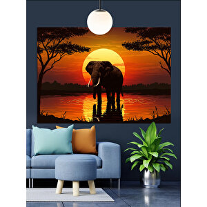 Gün Batımında Yalnız Fil Dekoratif Kanvas - Mdf Ahşap Tablo