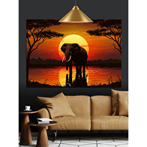 Gün Batımında Yalnız Fil Dekoratif Kanvas - Mdf Ahşap Tablo
