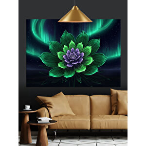Yeşil Işıklarla Parlayan Lotus Dekoratif Kanvas - Mdf Ahşap Tablo 70x100 cm