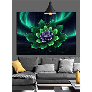 Yeşil Işıklarla Parlayan Lotus Dekoratif Kanvas - Mdf Ahşap Tablo 35x50 cm