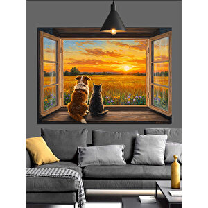 Pencereden Gün Batımı Manzarası Dekoratif Kanvas - Mdf Ahşap Tablo 35x50 cm
