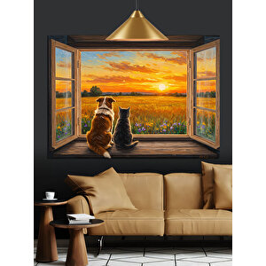 Pencereden Gün Batımı Manzarası Dekoratif Kanvas - Mdf Ahşap Tablo 70x100 cm