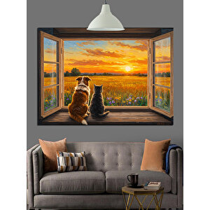 Pencereden Gün Batımı Manzarası Dekoratif Kanvas - Mdf Ahşap Tablo 70x100 cm