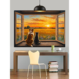 Pencereden Gün Batımı Manzarası Dekoratif Kanvas - Mdf Ahşap Tablo